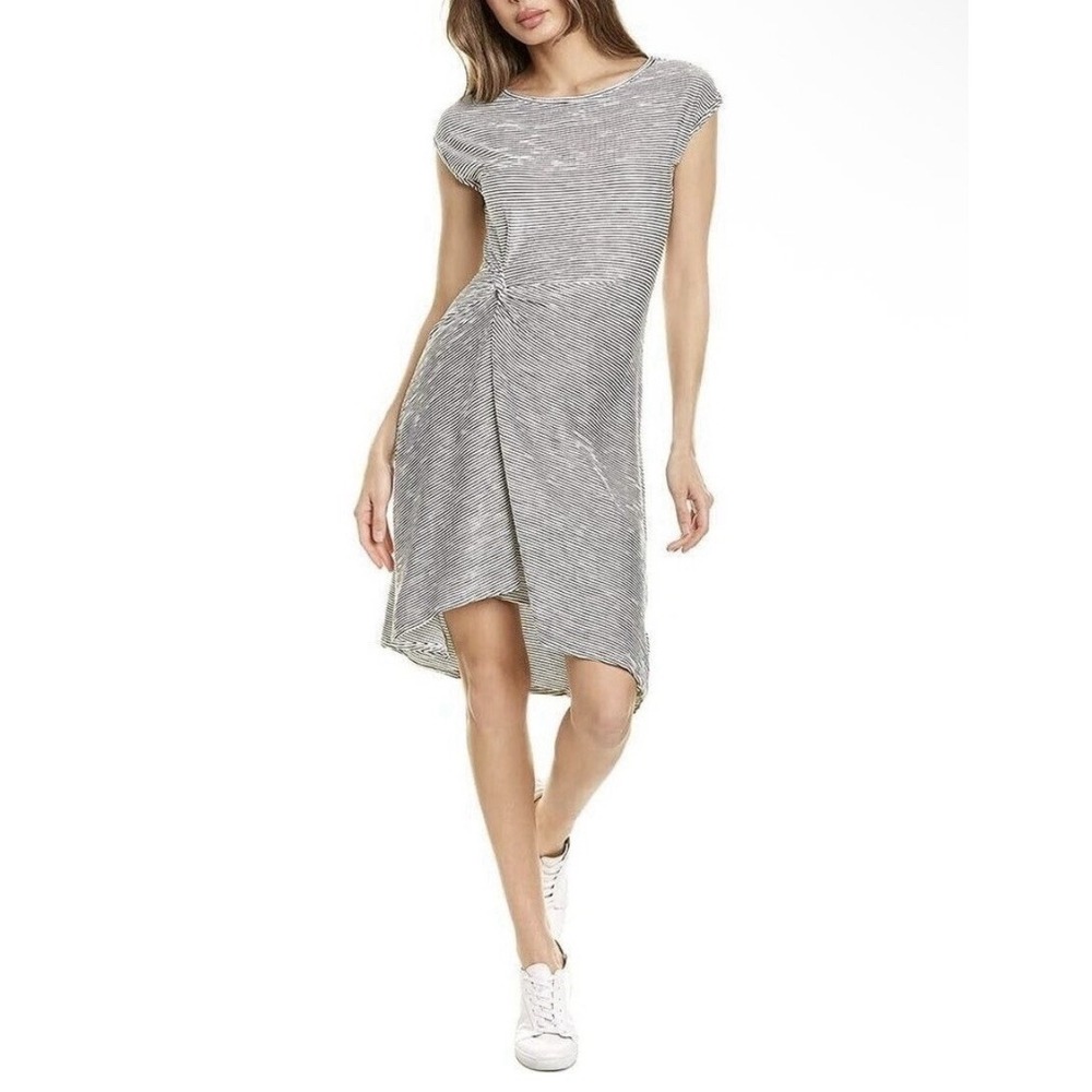 Max Studio Textured Dress Striped Asymmetrical Hem Ruched Side White/Black Sz Lg